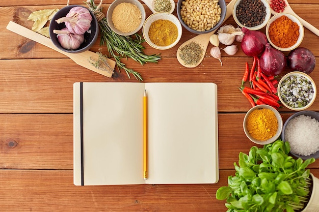Książka kucharska i przyprawy na blacie